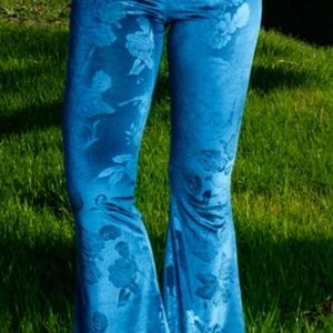 Turquoise/Teal floral embossed velvet flare pants